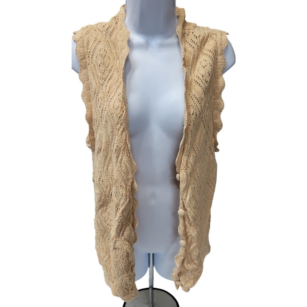 VTG WORTHINGTON Vest Women's L Ivory Crochet Button Up Cottage Boho knit button